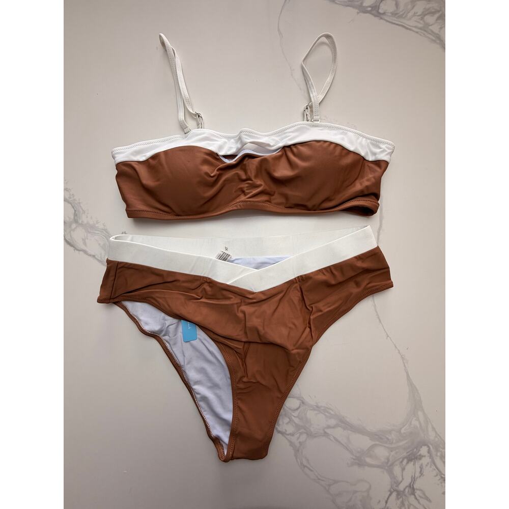 NWT Women’s Brown White Bandeau Bikini Set XL